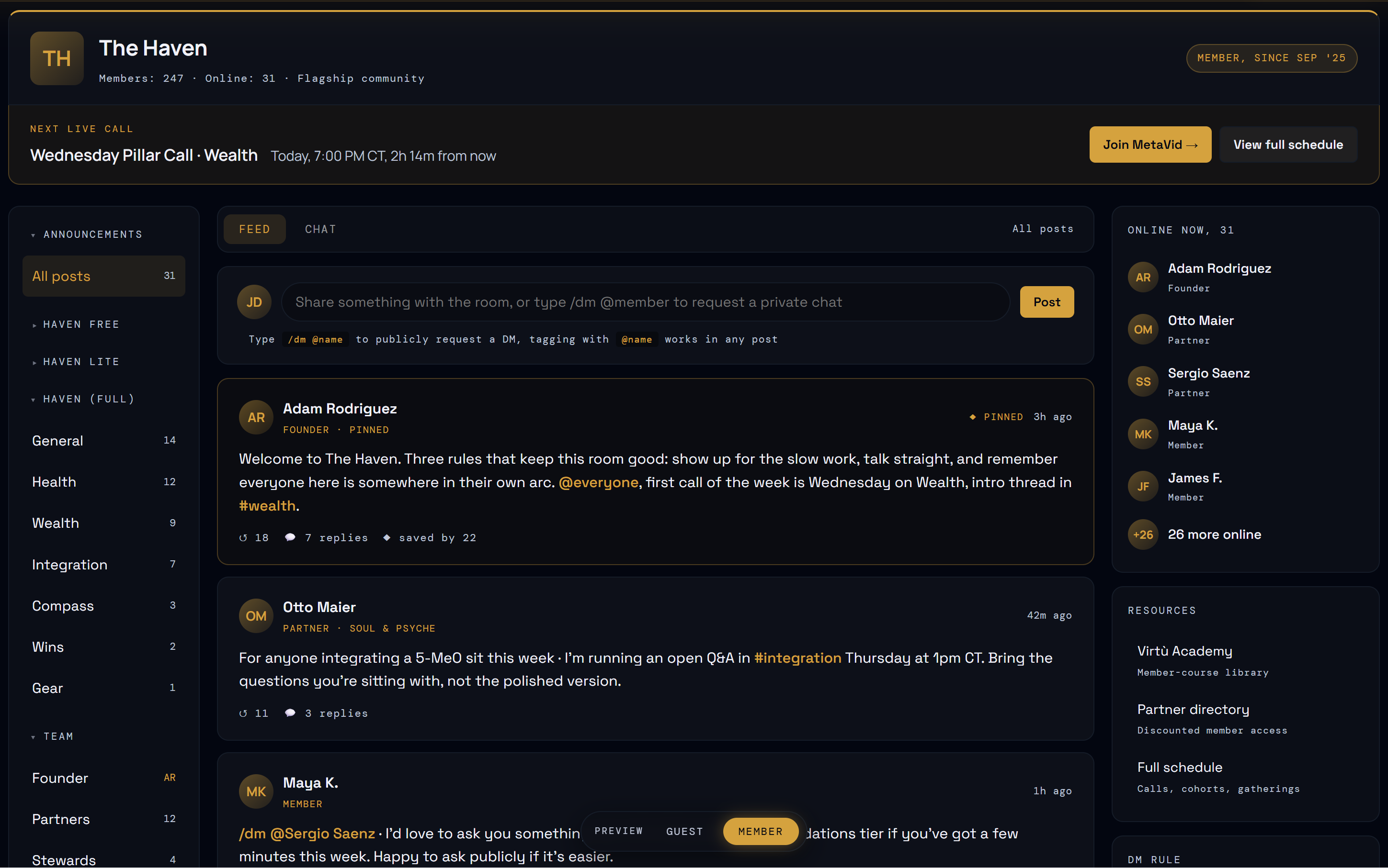 The Haven community forum, members area, posts, schedule