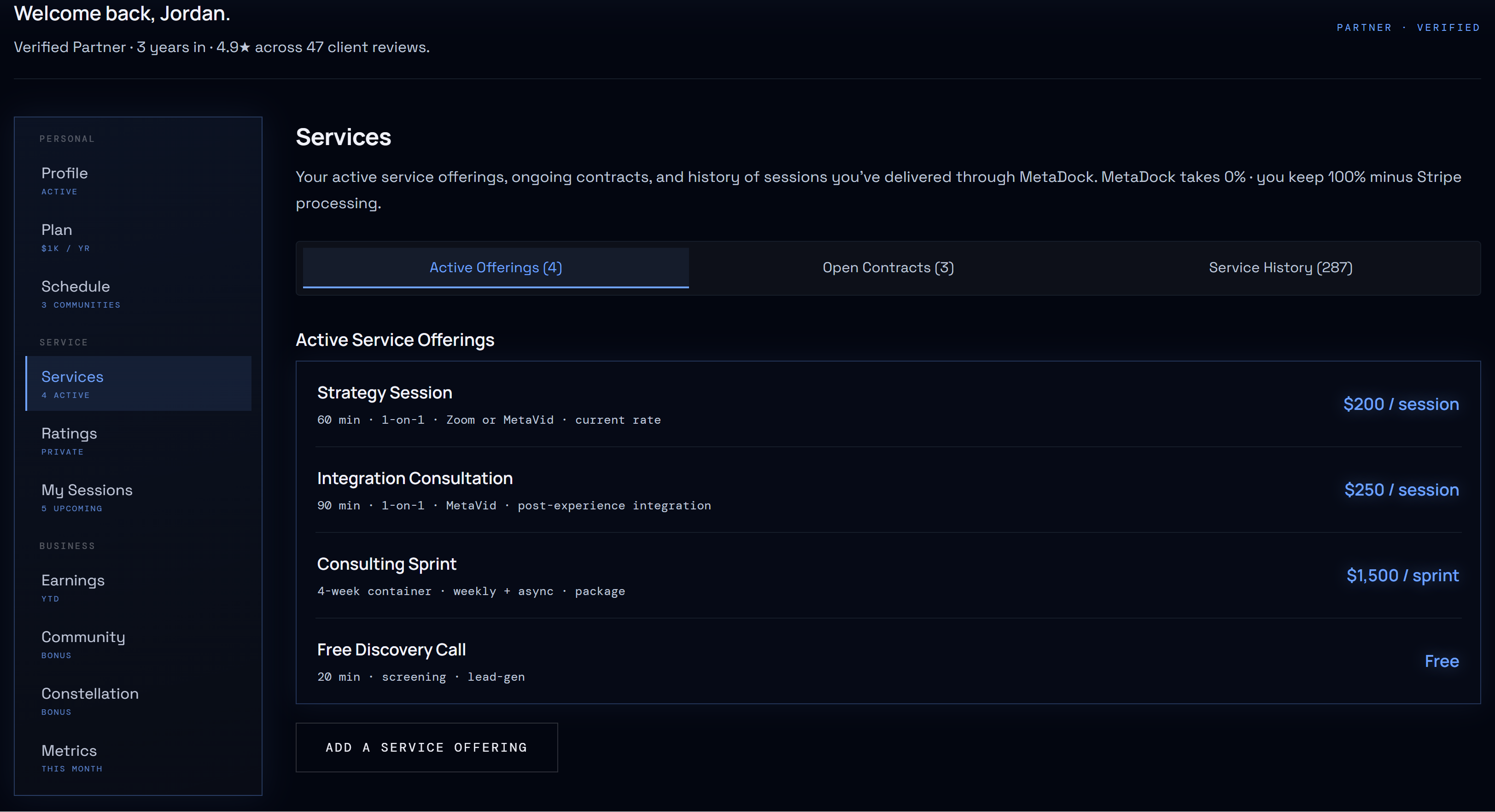 Partner account, active service offerings, ongoing contracts, ratings, earnings